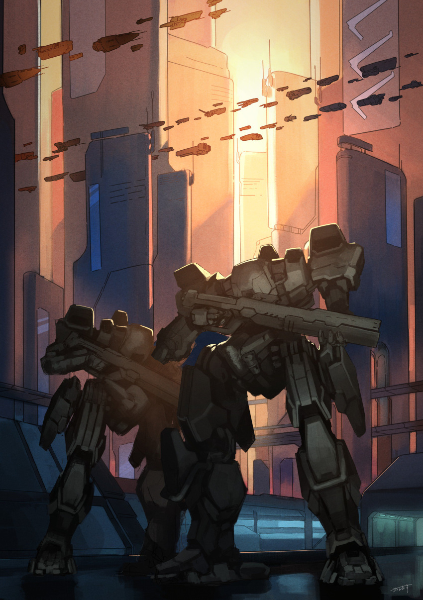 absurdres city highres holding holding_weapon karamas mecha military original outdoors weapon