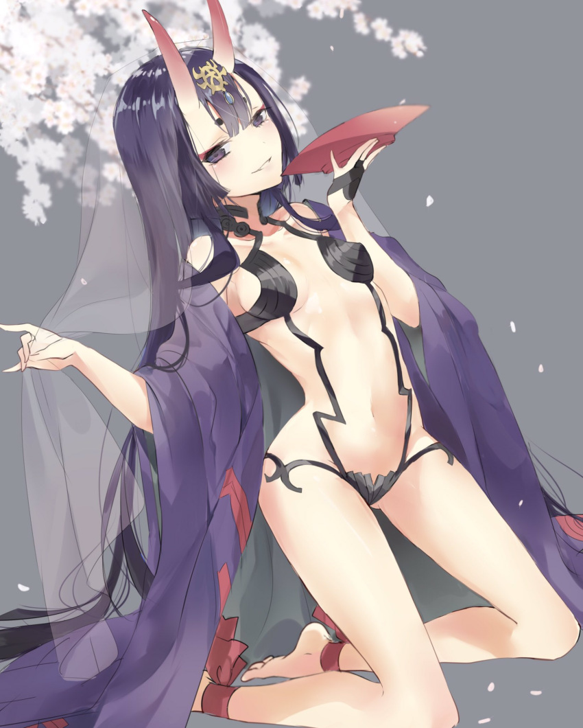1girl alternate_hair_length alternate_hairstyle ankle_ribbon bangs bare_shoulders barefoot breasts cherry_blossoms cup fate/grand_order fate_(series) fingerless_gloves gem gloves grin hair_ornament highres hikimayu holding holding_cup horns japanese_clothes kimono kneeling kona_(mmmkona) long_hair looking_at_viewer off_shoulder oni oni_horns open_clothes open_kimono petals purple_hair revealing_clothes ribbon sakazuki shuten_douji_(fate/grand_order) single_fingerless_glove small_breasts smile solo veil very_long_hair violet_eyes wide_sleeves