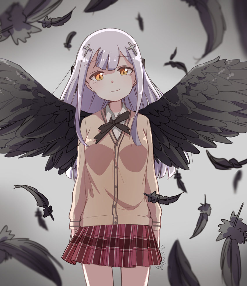 1girl bafarin black_feathers black_wings cardigan cross_hair_ornament gabriel_dropout hair_ornament head_tilt highres long_hair looking_at_viewer neck_ribbon orange_eyes pleated_skirt ribbon school_uniform shiraha_raphiel_ainsworth skirt smile solo twitter_username white_hair wings