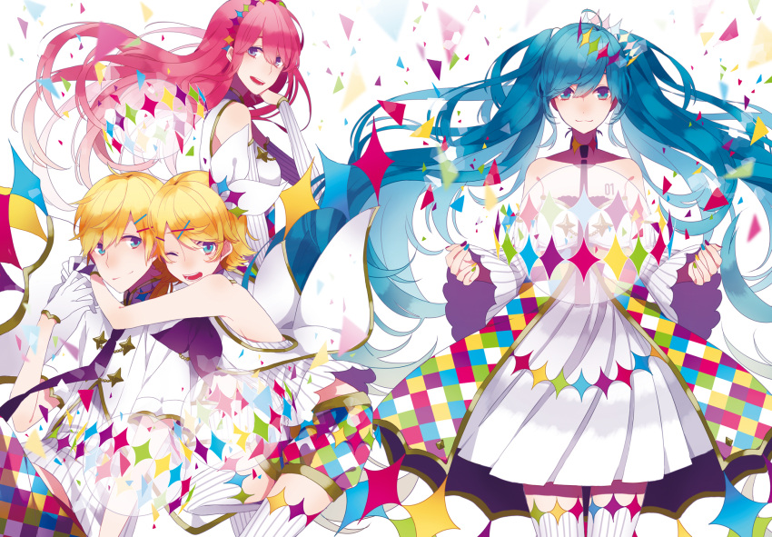 1boy 3girls ;d black_necktie blonde_hair blue_eyes blue_hair bow breasts brown_shorts dress floating_hair gloves hair_bow hair_ornament hand_in_hair hatsune_miku highres hug hug_from_behind kagamine_len kagamine_rin long_hair looking_at_viewer megurine_luka multicolored multicolored_nail_polish multiple_girls nail_polish necktie one_eye_closed open_mouth pleated_dress redhead saine shirt short_hair short_shorts short_sleeves shorts siblings sideboob simple_background sleeveless sleeveless_shirt small_breasts smile strapless strapless_dress striped striped_legwear striped_shirt thigh-highs twins twintails vertical-striped_legwear vertical-striped_shirt vertical_stripes very_long_hair violet_eyes vocaloid white_background white_dress white_gloves white_legwear white_shirt