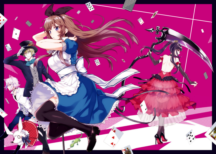 2boys 2girls alice_(wonderland) alice_in_wonderland animal_ears apron arisaka_ako bangs black_bow black_legwear black_shoes blazer blonde_hair blue_dress blue_eyes bow brown_hair card cat_ears collared_shirt crown dress dress_shirt floating_hair frilled_apron frills hair_bow hair_ornament hairclip hat high_heels jacket long_hair mary_janes mini_crown multiple_boys multiple_girls open-back_dress open_blazer open_clothes open_jacket original partially_unbuttoned playing_card popped_collar purple_hair red_dress red_eyes scythe shirt shoes short_sleeves sidelocks standing stuffed_animal stuffed_toy thigh-highs top_hat twintails vest violet_eyes white_hair yellow_eyes