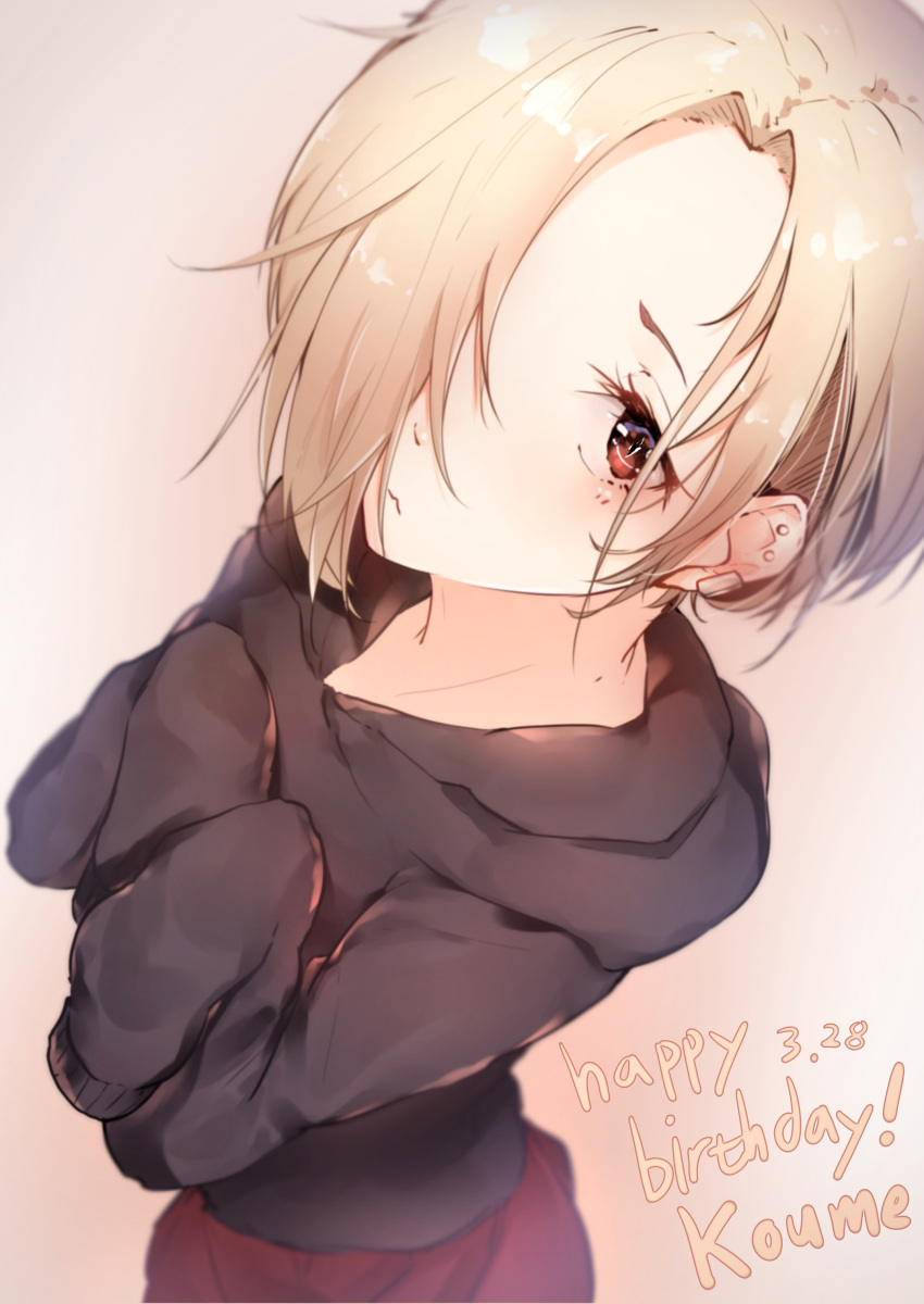 1girl absurdres blonde_hair blurry brown_eyes character_name commentary depth_of_field ear_piercing flat_chest hair_over_one_eye hands_in_sleeves hands_on_own_chest happy_birthday highres hood hood_down hoodie hplay idolmaster idolmaster_cinderella_girls long_sleeves looking_at_viewer messy_hair piercing red_skirt shirasaka_koume short_hair simple_background skirt sleeves_past_wrists solo standing