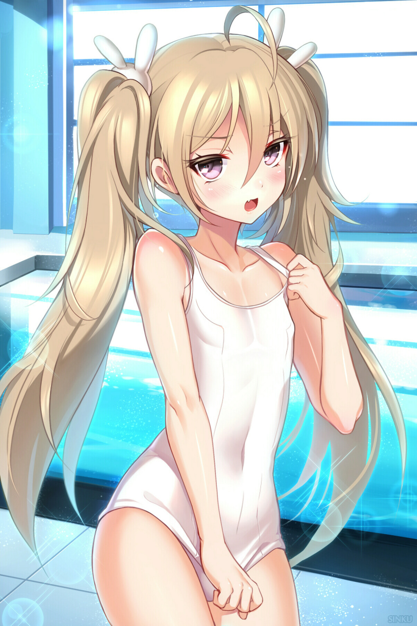 1boy blonde_hair bunny_hair_ornament cowboy_shot fang hair_ornament highres long_hair looking_at_viewer navel open_mouth original pool school_swimsuit solo standing swimsuit swimsuit_pull trap twintails violet_eyes white_school_swimsuit white_swimsuit yadamon_(neverland)