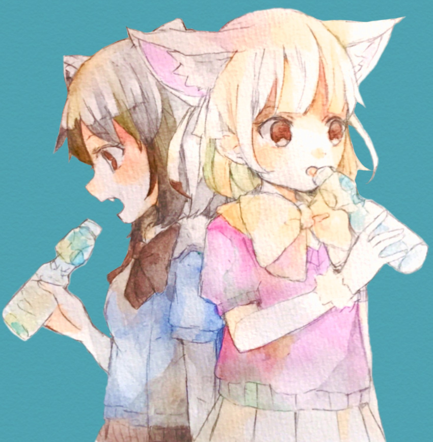 2girls :o animal_ears aqua_background arm_at_side black_hair black_ribbon black_skirt blonde_hair blue_shirt bottle brown_eyes brown_hair common_raccoon_(kemono_friends) dot_nose drink drinking extra_ears eyebrows_visible_through_hair eyelashes fang fennec_(kemono_friends) fingernails fox_ears from_side fur_collar fur_trim grey_hair highres holding holding_bottle kemono_friends looking_away looking_down mixed_media multicolored_hair multiple_girls nauka neck_ribbon no_gloves open_mouth pink_sweater pleated_skirt profile puffy_short_sleeves puffy_sleeves raccoon_ears ramune ribbon shirt short_hair short_sleeve_sweater short_sleeves simple_background skirt sparkling_eyes star star-shaped_pupils sweater symbol-shaped_pupils traditional_media tsurime upper_body white_hair yellow_ribbon yellow_skirt