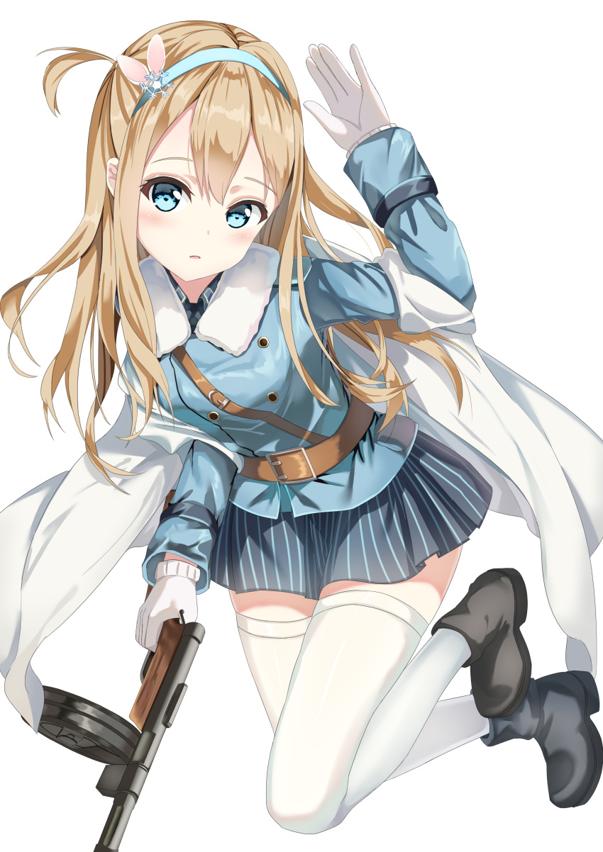 1girl absurdres ankle_boots arm_up belt belt_buckle black_boots blue_eyes blue_hairband blue_shirt blue_skirt blush boots buckle commentary expressionless eyelashes full_body fur_collar gatari girls_frontline gloves gun hair_ornament hairband highres holding holding_gun holding_weapon long_hair long_sleeves looking_at_viewer midair miniskirt one_side_up parted_lips shawl shirt shoulder_belt skirt snowflake_hair_ornament solo striped submachine_gun suomi_kp/-31 suomi_kp31_(girls_frontline) tareme thigh-highs vertical-striped_skirt vertical_stripes very_long_hair weapon white_gloves white_legwear zettai_ryouiki