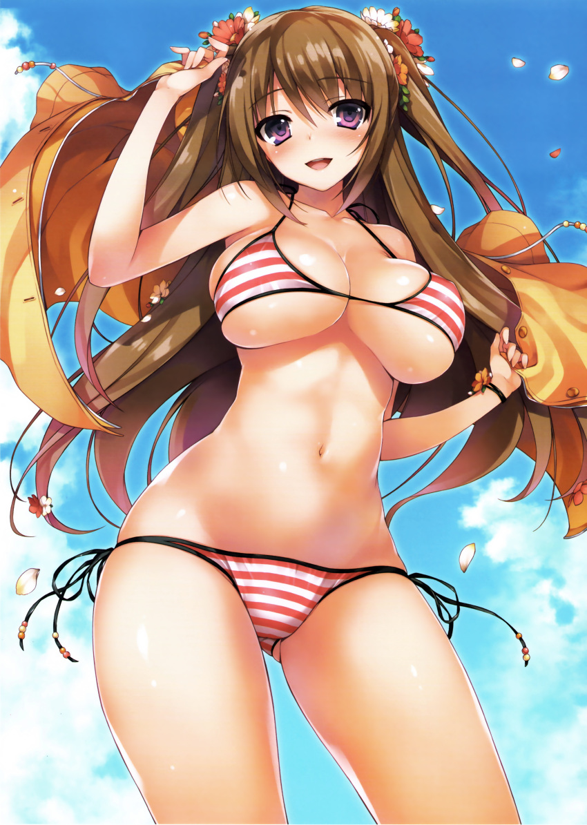 1girl absurdres bangs bikini breasts brown_hair cleavage collarbone day eyebrows_visible_through_hair flower hair_flower hair_ornament highres large_breasts long_hair navel original petals scan side-tie_bikini sky solo striped striped_bikini swimsuit tomose_shunsaku violet_eyes