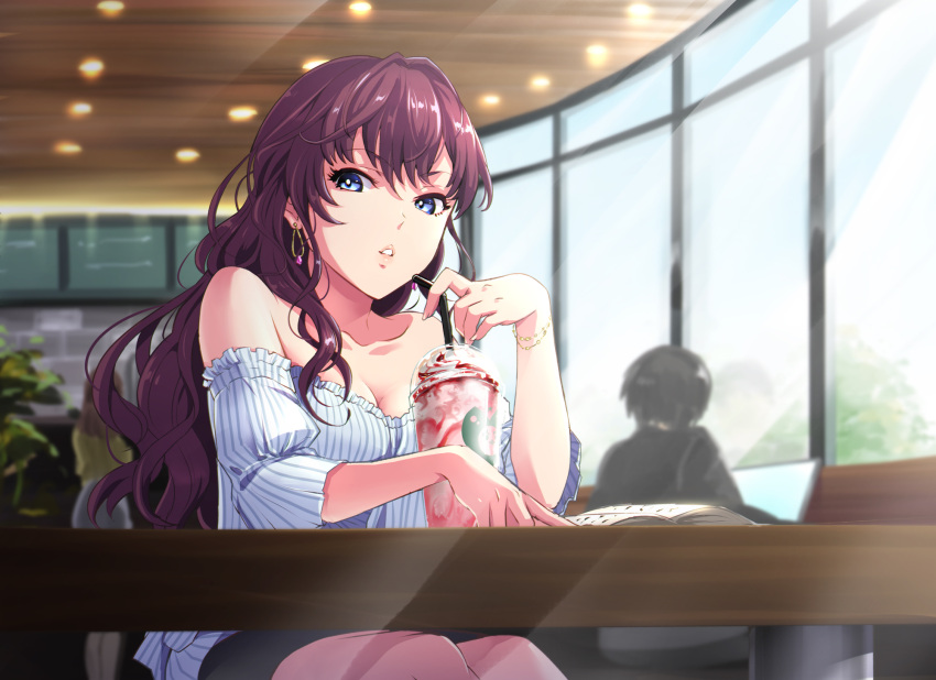 1girl bangs bare_shoulders black_skirt blouse blue_eyes blurry blurry_background book bracelet breasts cafe cleavage collarbone computer drinking_straw ear_piercing earrings eyebrows_visible_through_hair eyelashes frilled_blouse from_below gem hair_between_eyes highres ichinose_shiki idolmaster idolmaster_cinderella_girls indoors jewelry laptop lights long_hair looking_at_viewer medium_breasts menu_board miniskirt null_(chronix) parted_lips piercing plant purple_hair sitting skirt smoothie solo_focus stone_wall striped_blouse table through_window wall wavy_hair window wooden_ceiling