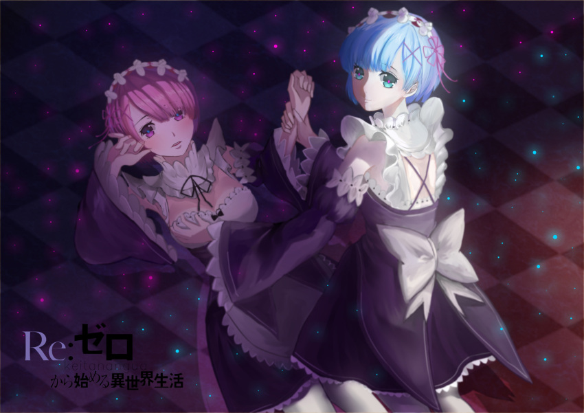 2girls blue_eyes blue_hair blush breast_grab breasts checkered checkered_floor cleavage copyright_name detached_sleeves grabbing groping hair_ornament hair_over_one_eye highres leg_between_thighs looking_at_viewer medium_breasts multiple_girls pantyhose pink_eyes pink_hair ram_(re:zero) re:zero_kara_hajimeru_isekai_seikatsu rem_(re:zero) smile straddling white_legwear wide_sleeves wrist_grab x_hair_ornament yuri