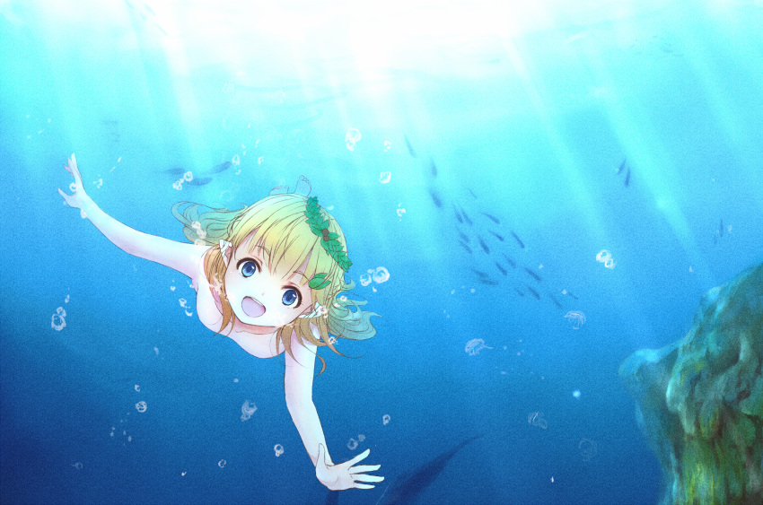 1girl air_bubble artist_request barefoot blonde_hair blue_eyes breath bubble elf fish freediving hair_ornament happy highres holding_breath jellyfish laurel_crown leaf leaf_hair_ornament leaf_on_head long_hair nude ocean open_mouth original pointy_ears swimming underwater