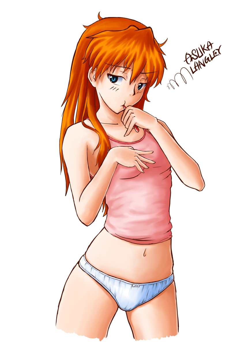 1girl absurdres asuka1love blue_eyes bow bow_panties brushing_teeth cropped_legs hand_on_own_chest highres navel neon_genesis_evangelion orange_hair panties sketch solo souryuu_asuka_langley tank_top thighs underwear white_background white_panties