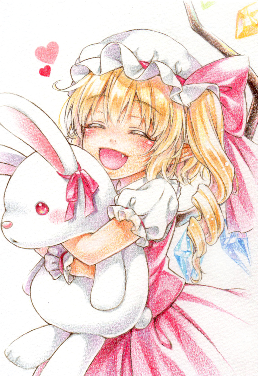 1girl blonde_hair bow closed_eyes commentary_request fang flandre_scarlet hat hat_bow heart highres hug mob_cap nora_wanko open_mouth side_ponytail smile solo stuffed_animal stuffed_bunny stuffed_toy touhou