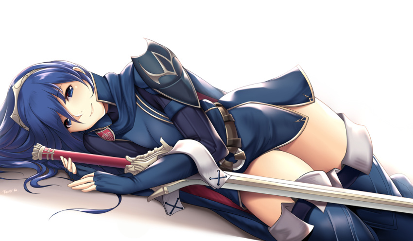 1girl armor artist_name belt blue_boots blue_cape blue_eyes blue_gloves blue_hair blush boots cape closed_mouth commentary dutch_angle elbow_gloves emblem falchion_(fire_emblem) fingerless_gloves fire_emblem fire_emblem:_kakusei gloves hair_between_eyes long_hair looking_at_viewer lucina lying on_side pauldrons shoulder_pads simple_background solo striped striped_legwear symbol-shaped_pupils tareme thigh-highs thigh_boots thigh_gap thighs tiara tony_guisado unsheathed vertical-striped_legwear vertical_stripes white_background