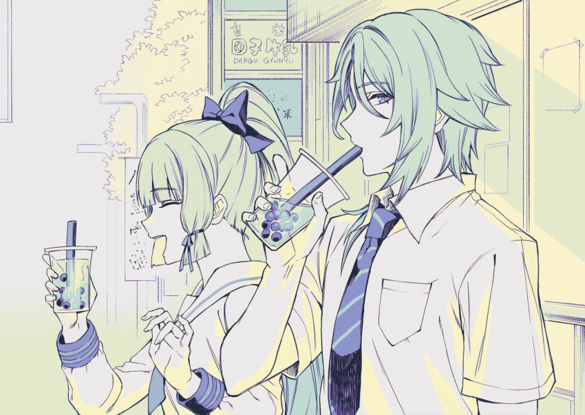 1boy 1girl bangs blunt_bangs bow brother_and_sister bubble_tea closed_eyes cup drinking_straw drinking_straw_in_mouth genshin_impact hair_between_eyes hair_bow highres holding holding_cup kamisato_ayaka kamisato_ayato long_hair long_sleeves looking_at_viewer monochrome necktie official_alternate_costume open_mouth outdoors pocket ponytail sailor_collar school_uniform serafuku shirt short_sleeves siblings sign togatamaki upper_body