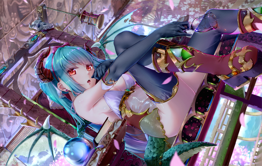 1girl aqua_hair black_gloves black_legwear book boots chair cup drinking_glass earrings elbow_gloves fang from_below gloves hatsune_miku highres horns jewelry looking_at_viewer open_mouth orange_eyes platform_boots sitting skull solo tail thigh-highs vocaloid wine_glass wings xuanlin_jingshuang