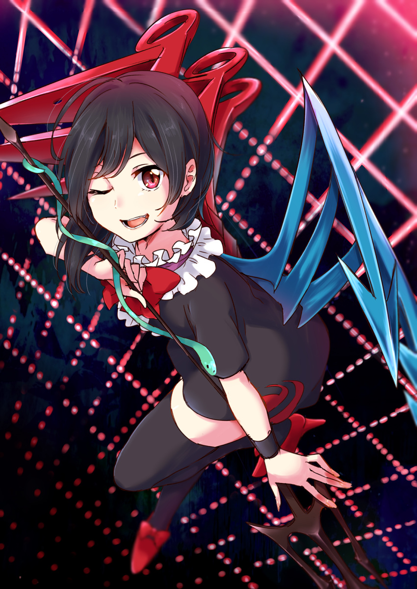 1girl ;d ahoge arm_up asymmetrical_wings backlighting bangs black_dress black_hair black_legwear blurry blush bow bowtie danmaku depth_of_field dress flying foreshortening frills from_above full_body high_heels highres houjuu_nue ksk_(semicha_keisuke) long_hair looking_at_viewer looking_up one_eye_closed open_mouth polearm red_bow red_bowtie red_eyes short_sleeves smile snake solo sweatband swept_bangs tareme thigh-highs touhou trident weapon wings zettai_ryouiki