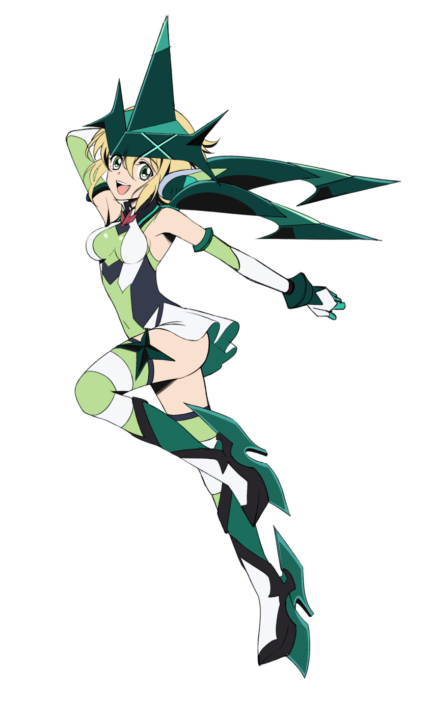 1girl absurdres akatsuki_kirika arm_up bare_shoulders blonde_hair blush boots breasts commentary_request covered_navel elbow_gloves eyebrows_visible_through_hair full_body gloves green_eyes headgear highres leg_up looking_at_viewer medium_breasts open_mouth senki_zesshou_symphogear short_hair simple_background skirt smile solo striped striped_legwear teeth thigh-highs tomaty. white_background
