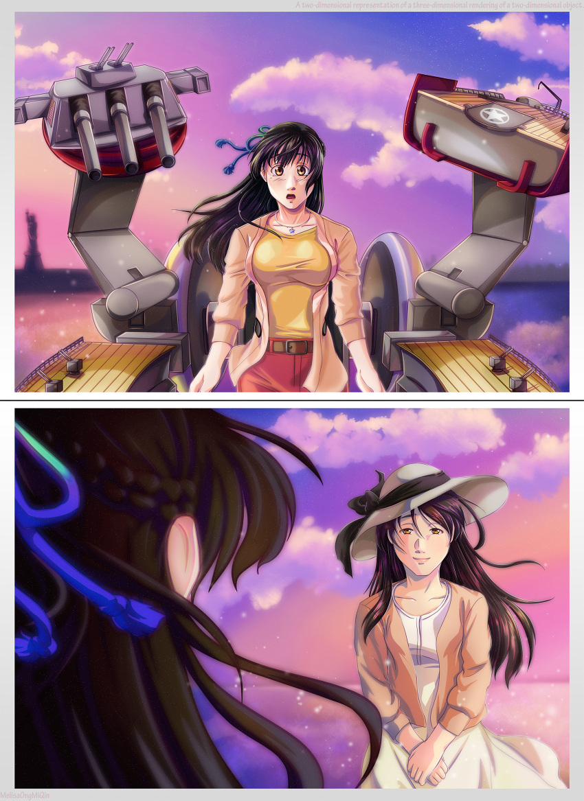 2girls 2koma alternate_costume belt black_hair blouse blue_ribbon braid breasts brown_eyes clouds cloudy_sky comic cosplay dress french_braid green_ribbon hat highres iowa_(pacific) jewelry kantai_collection kimi_no_na_wa large_breasts long_hair looking_at_another melisaongmiqin miyamizu_futaba miyamizu_mitsuha miyamizu_mitsuha_(cosplay) mole mole_under_eye mother_and_daughter multicolored multicolored_ribbon multiple_girls necklace no_hat no_headwear open_mouth pacific pants pink_cardigan ribbon sky spoilers star_necklace statue_of_liberty sun_hat surprised tears twilight white_dress yellow_blouse