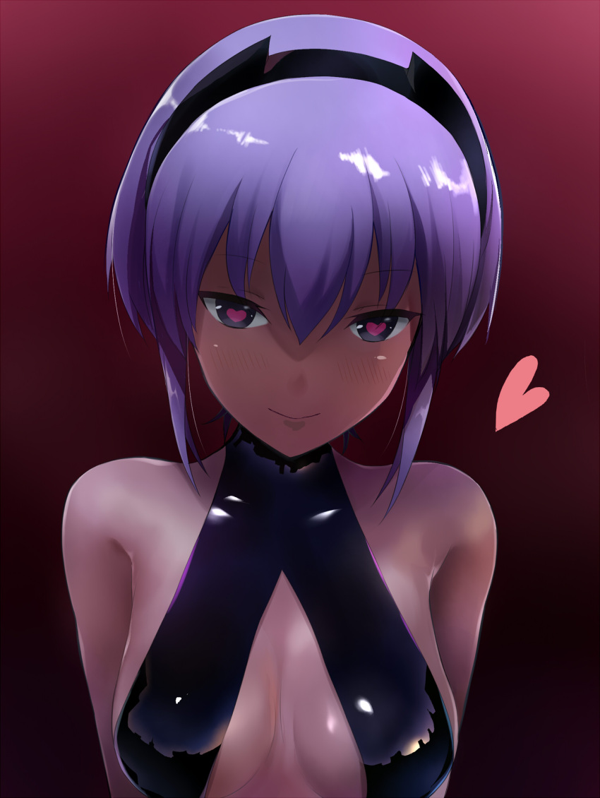 1girl arms_behind_back assassin_(fate/prototype_fragments) bangs bare_shoulders black_eyes black_hairband blush breasts cleavage close-up closed_mouth dark_skin fate/prototype fate/prototype:_fragments_of_blue_and_silver fate_(series) hairband heart heart-shaped_pupils highres looking_at_viewer purple_hair reflection shimejinameko shiny shiny_clothes short_hair smile solo symbol-shaped_pupils tsurime upper_body