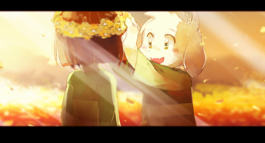 1boy asriel_dreemurr chara_(undertale) esuannte flower green_eyes head_wreath smile undertale