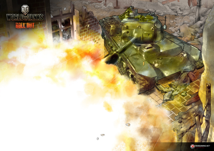 artist_request explosion ground_vehicle highres military military_vehicle motor_vehicle no_humans official_art ruins sta-1 tank wargaming_japan window world_of_tanks