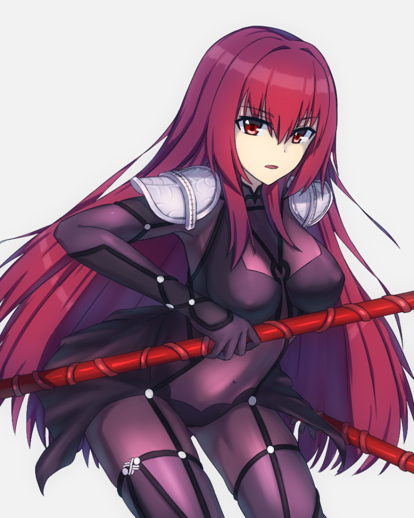armor bodysuit breasts covered_navel elfenlied22 fate/grand_order fate_(series) gae_bolg highres holding holding_weapon large_breasts long_hair looking_at_viewer pauldrons polearm purple_bodysuit purple_hair red_eyes scathach_(fate/grand_order) shoulder_armor spear very_long_hair weapon