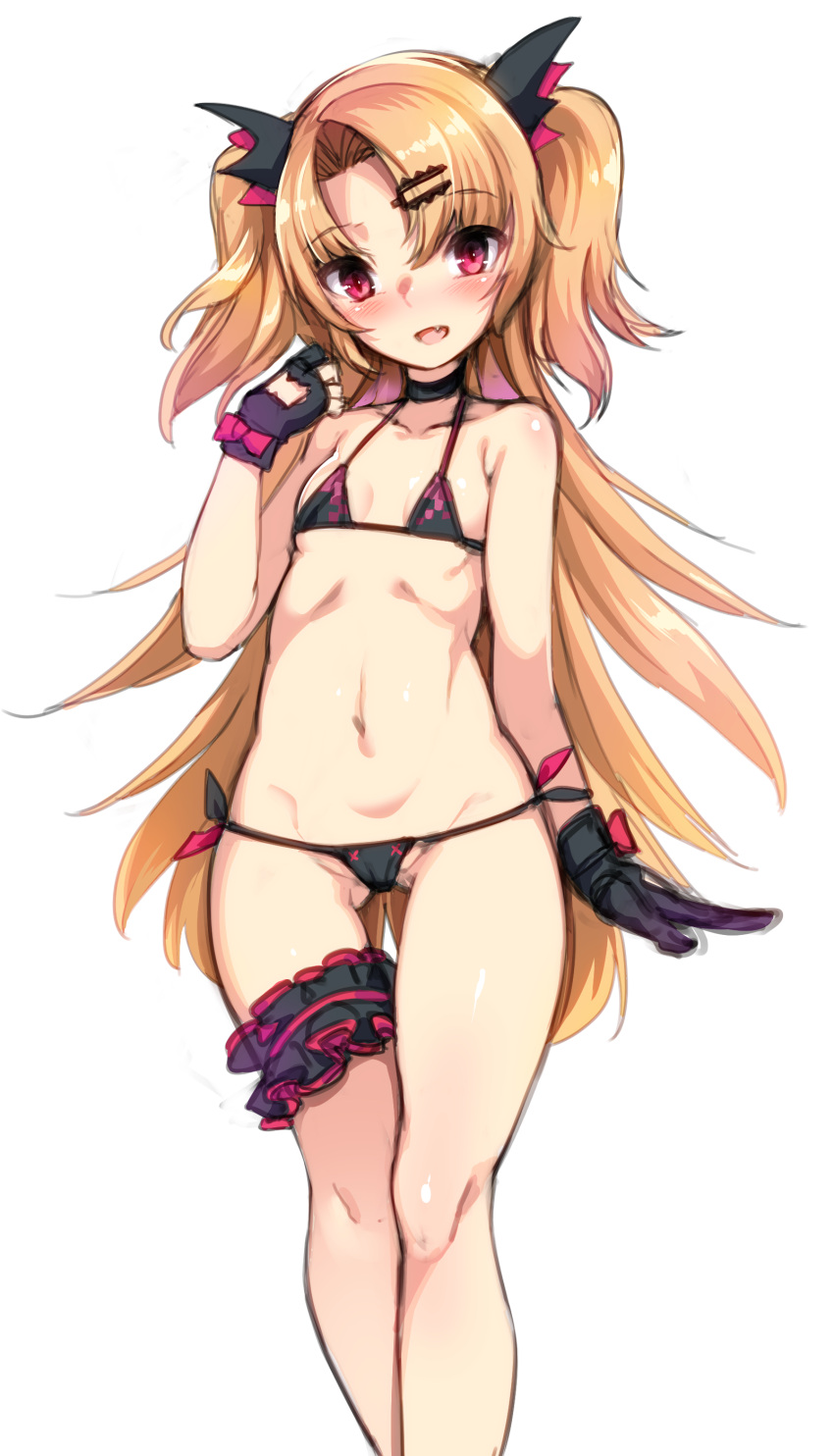 1girl absurdres akatsuki_yuni alternate_costume bangs bare_shoulders bikini black_bikini blonde_hair blush breasts cowboy_shot eyebrows_visible_through_hair gloves gluteal_fold hair_ornament hairclip halterneck harigane_shinshi highres long_hair looking_at_viewer micro_bikini multicolored multicolored_bikini multicolored_clothes partly_fingerless_gloves pink_eyes side-tie_bikini sleeveless small_breasts smile solo swimsuit thigh_gap thigh_strap thighs two_side_up uni_channel very_long_hair virtual_youtuber