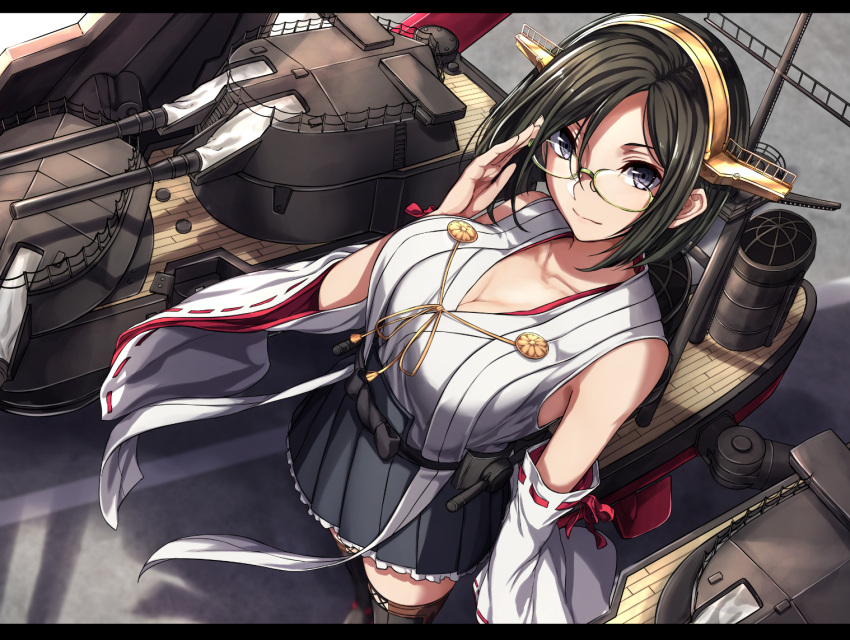 1girl adjusting_glasses bare_shoulders black_hair blue_eyes breasts commentary_request detached_sleeves glasses green-framed_eyewear hairband headgear kantai_collection kirishima_(kantai_collection) large_breasts looking_at_viewer machinery nontraditional_miko ribbon-trimmed_sleeves ribbon_trim sblack short_hair skirt solo standing turret wide_sleeves wind