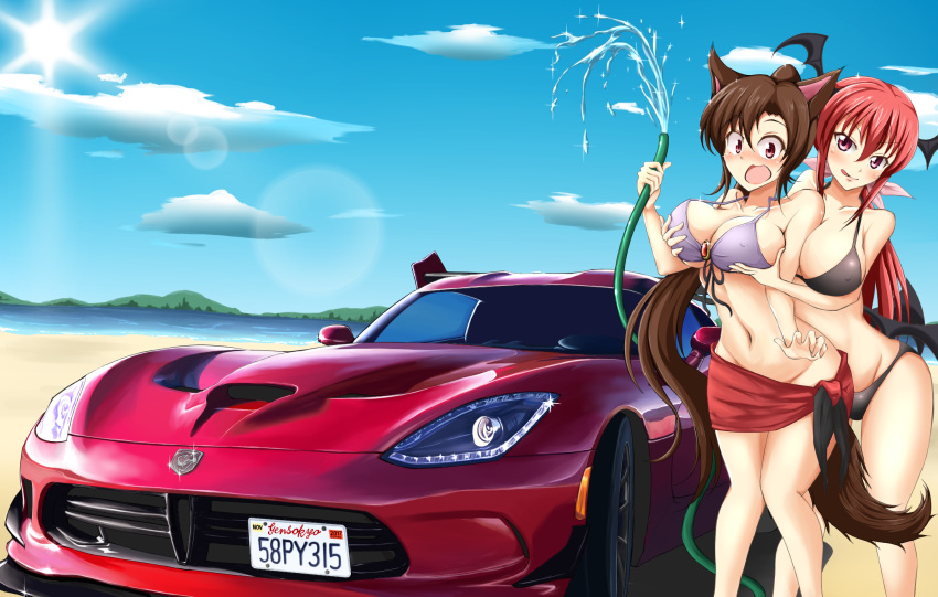 2girls :0 :q animal_ears arm bare_arms bare_legs bat_wings beach bikini black_bikini blush breast_grab breasts brooch brown_hair car cleavage clouds day demon_girl demon_wings dodge dodge_viper embarrassed erect_nipples female female_pervert grabbing grabbing_from_behind groin ground_vehicle head_wings highres hose imaizumi_kagerou jewelry koakuma large_breasts legs lens_flare licking_lips looking_at_viewer masegohan midriff motor_vehicle multiple_girls nature navel ocean open_mouth outdoors pervert ponytail red_eyes redhead sarong sea shy sky standing sun surprised swimsuit tail tongue tongue_out touhou vehicle water wings wolf_ears wolf_tail yuri