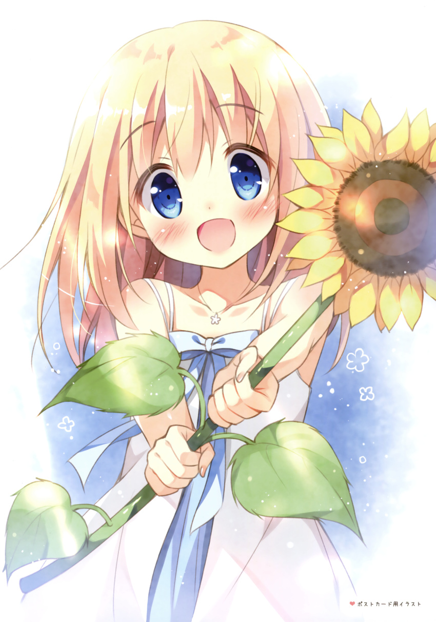 1girl :d absurdres blonde_hair blue_eyes blush collarbone dress eyebrows_visible_through_hair flower hair_between_eyes head_tilt highres holding jewelry long_hair looking_at_viewer necklace open_mouth original outstretched_arms pan_(mimi) scan smile solo sundress sunflower white_background white_dress