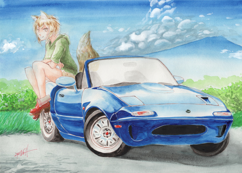 &gt;:) 1girl animal_ears ankle_boots arm_support artist_name artist_signature bangs blue_sky boots brown_eyes brown_hair brown_shorts car character_request closed_mouth clouds cloudy_sky crossed_arms eunos_roadster eyebrows_visible_through_hair eyelashes eyes_visible_through_hair fox_ears fox_girl fox_tail grass ground_vehicle hair_between_eyes high_heel_boots high_heels highres hood hoodie looking_at_viewer motor_vehicle mountain on_vehicle original parted_bangs red_boots road short_hair short_shorts shorts signature sitting sky sleeves_rolled_up slit_pupils smile solo tail tesun_(g_noh) traditional_media tree watercolor_(medium)