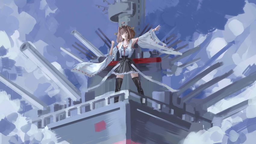 1girl absurdres ahoge battleship blush breasts brown_hair cleavage clenched_hand clouds detached_sleeves grin highres kantai_collection kongou_(kantai_collection) long_hair military military_vehicle nontraditional_miko outstretched_arm shenhaixun ship sketch skirt smile solo turret warship watercraft wide_sleeves