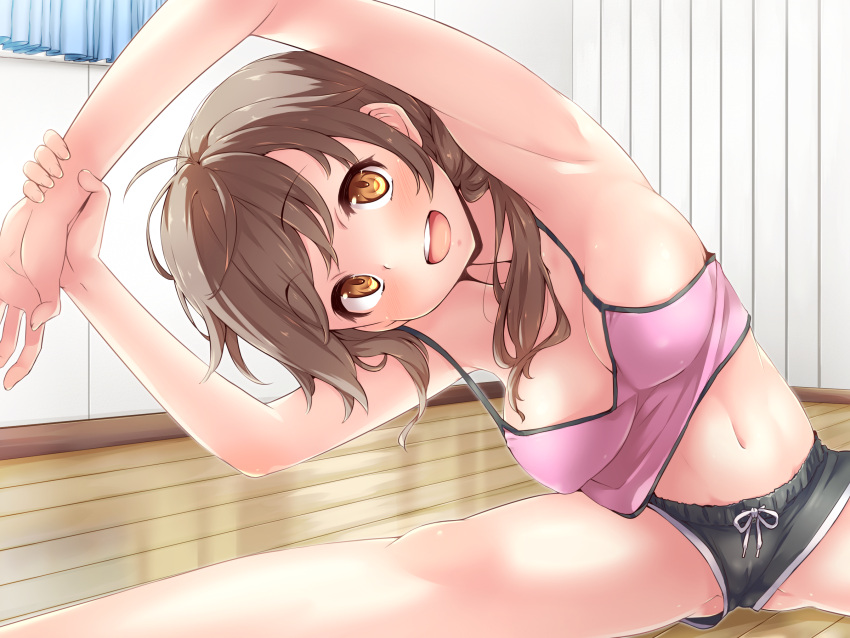 1girl :d armpits arms_up ass blush breasts brown_eyes brown_hair cleavage erect_nipples esoragoto highres long_hair looking_at_viewer navel open_mouth smile solo spread_legs stretched_limb teeth