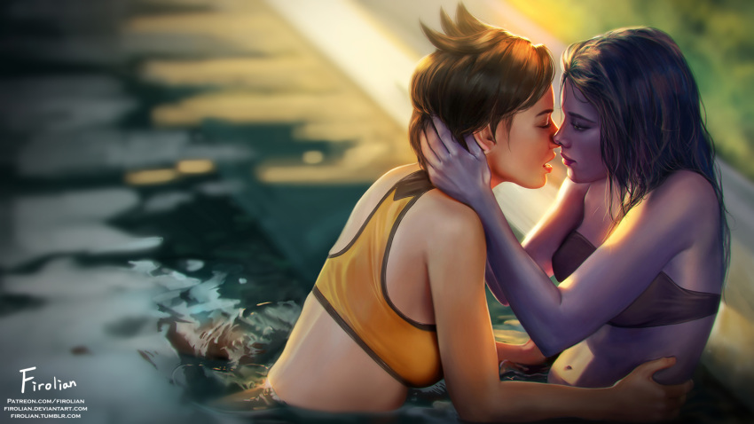 2girls artist_name bare_arms bare_shoulders bathing bikini_top blurry blurry_background breasts brown_hair closed_eyes closed_mouth day firolian from_side half-closed_eyes hand_on_another's_head highres incipient_kiss leaning_forward lips long_hair medium_breasts multiple_girls open_mouth outdoors overwatch partially_submerged pool profile purple_hair purple_lips purple_skin short_hair smile strapless strapless_bikini sunlight tracer_(overwatch) upper_body waist_grab water watermark web_address wet wet_hair widowmaker_(overwatch) yuri