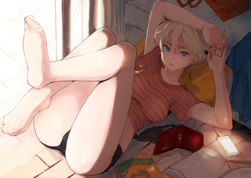 1girl aqua_eyes arms_up bangs bed black_shorts blee blonde_hair book breasts day digital_media_player earphones hair_between_eyes highres holding indoors large_breasts looking_at_viewer loungewear lying on_back open_book orange_shirt original parted_lips pencil shade shirt short_hair short_shorts shorts soles solo striped striped_shirt thighs