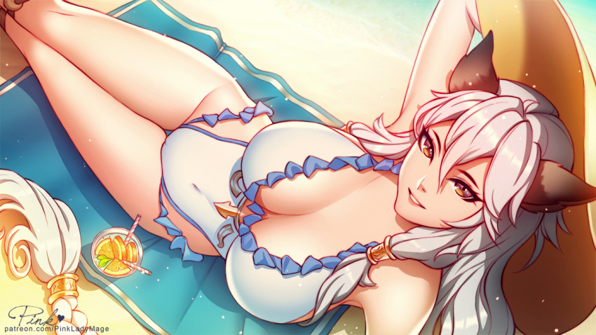 1girl :d arm_support arm_up artist_name bare_legs bare_shoulders beach_towel braid breasts casual_one-piece_swimsuit cleavage covered_navel cup day drinking_glass drinking_straw eyelashes food from_above fruit gradient_hair granblue_fantasy grin groin hair_between_eyes hand_on_headwear hat heles large_breasts legs_together long_hair looking_at_viewer looking_up lying multicolored_hair on_back one-piece_swimsuit open_mouth orange orange_slice outdoors parted_lips pink_hair pink_lady_mage signature silver_hair single_braid skin_tight smile solo straw_hat swimsuit thigh_gap thighs towel tsurime very_long_hair watermark web_address white_swimsuit