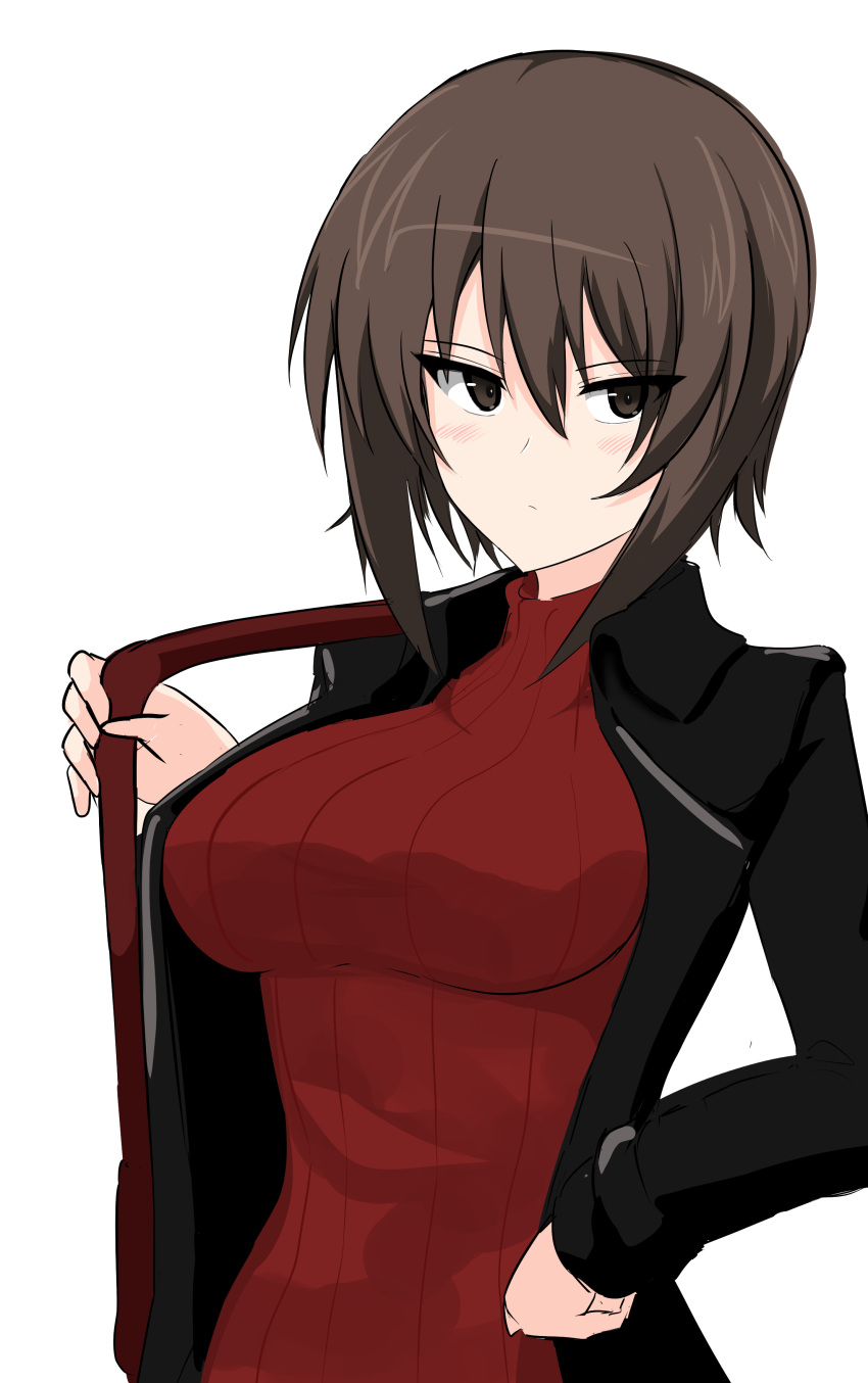 1girl absurdres aikir_(jml5160) backpack bag bangs black_jacket brown_eyes brown_hair carrying casual closed_mouth commentary frown girls_und_panzer hand_on_hip highres jacket looking_at_viewer nishizumi_maho open_clothes open_jacket red_sweater ribbed_sweater short_hair simple_background solo sweater turtleneck upper_body white_background