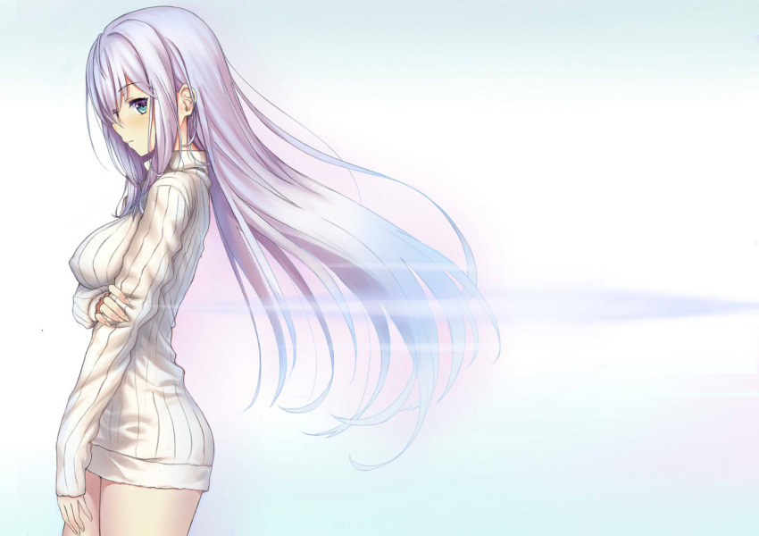 1girl bangs blush breasts closed_mouth cowboy_shot dress eyebrows_visible_through_hair floating_hair from_side hair_between_eyes holding_arm large_breasts long_hair looking_at_viewer original profile ribbed_sweater sidelocks silver_hair solo sweater sweater_dress thighs turtleneck turtleneck_sweater urio_yusuke white_sweater