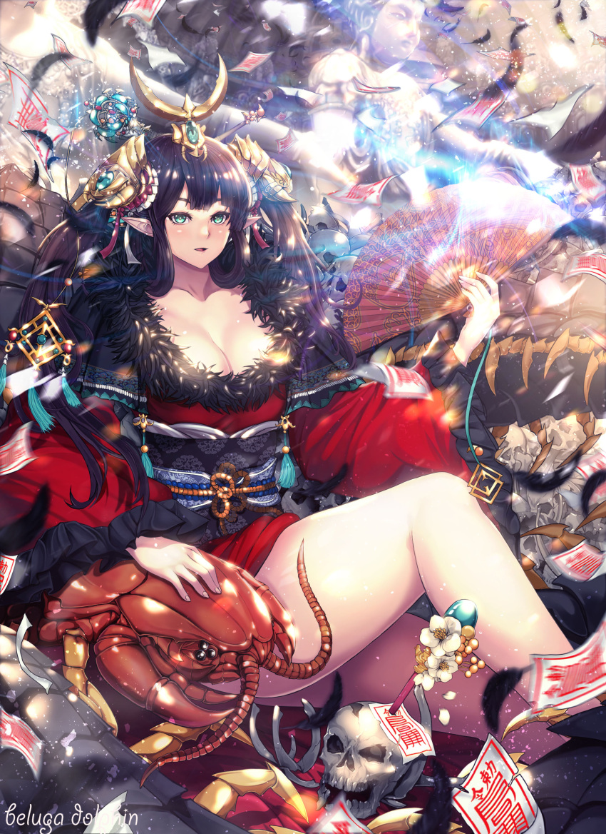 1girl absurdres beluga_dolphin black_hair breasts bug elf fan fur_trim green_eyes hair_ornament highres large_breasts looking_at_viewer open_mouth original pointy_ears revision skull thighs