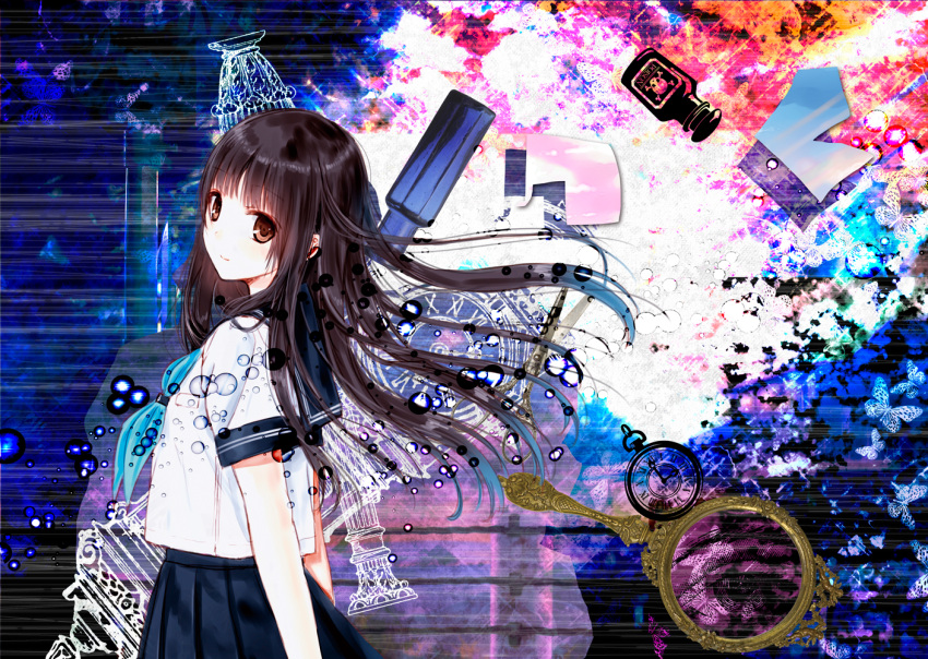 1girl black_hair blue_neckerchief blue_skirt brown_eyes eyebrows_visible_through_hair floating_hair from_side kazuharu_kina long_hair looking_at_viewer neckerchief original pleated_skirt school_uniform serafuku shirt short_sleeves skirt smile solo standing white_shirt