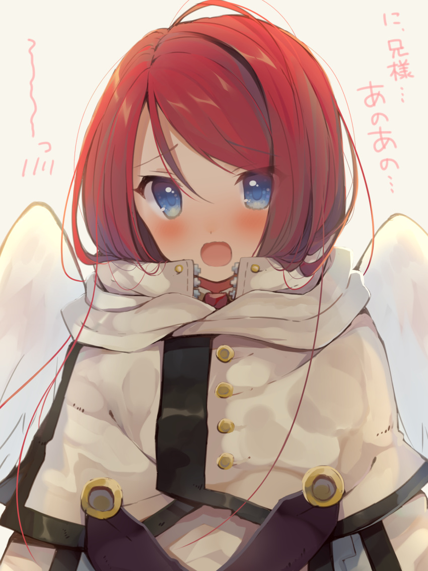 1girl :o angel_wings bangs blazblue blue_eyes blush buttons close-up commentary_request eyebrows_visible_through_hair eyes_visible_through_hair gradient gradient_background grey_background highres looking_at_viewer open_mouth raised_eyebrows redhead short_hair solo swept_bangs translated tsubaki_yayoi unzipper upper_body usamata white_coat white_wings wings