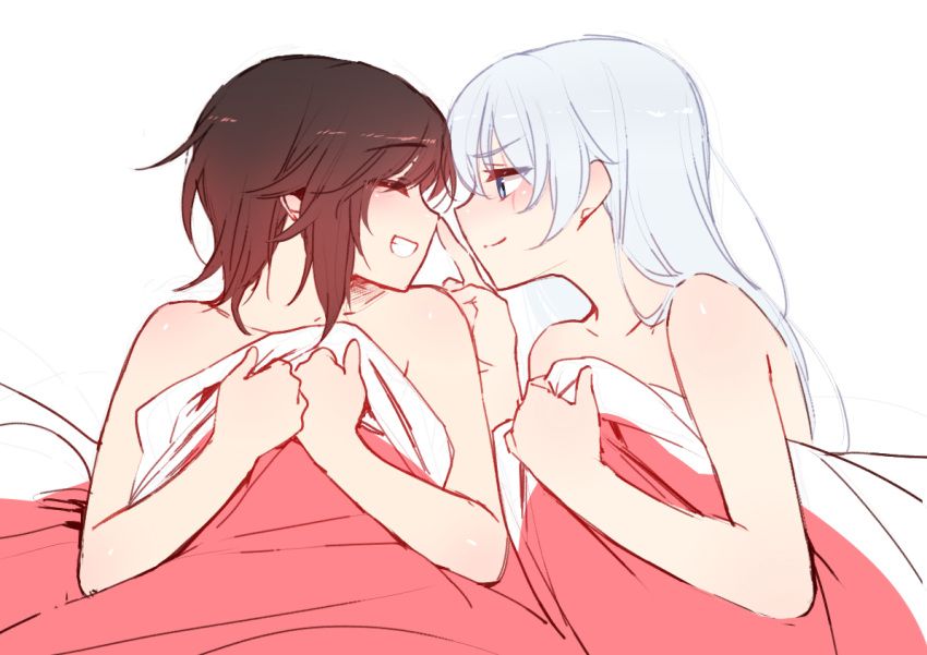 2girls bare_shoulders bed bed_sheet black_hair blue_eyes blush closed_eyes finger_to_nose long_hair looking_at_another multiple_girls naked_sheet ndgd_(bean1215) ruby_rose rwby scar short_hair simple_background smile teeth weiss_schnee white_background white_hair yuri