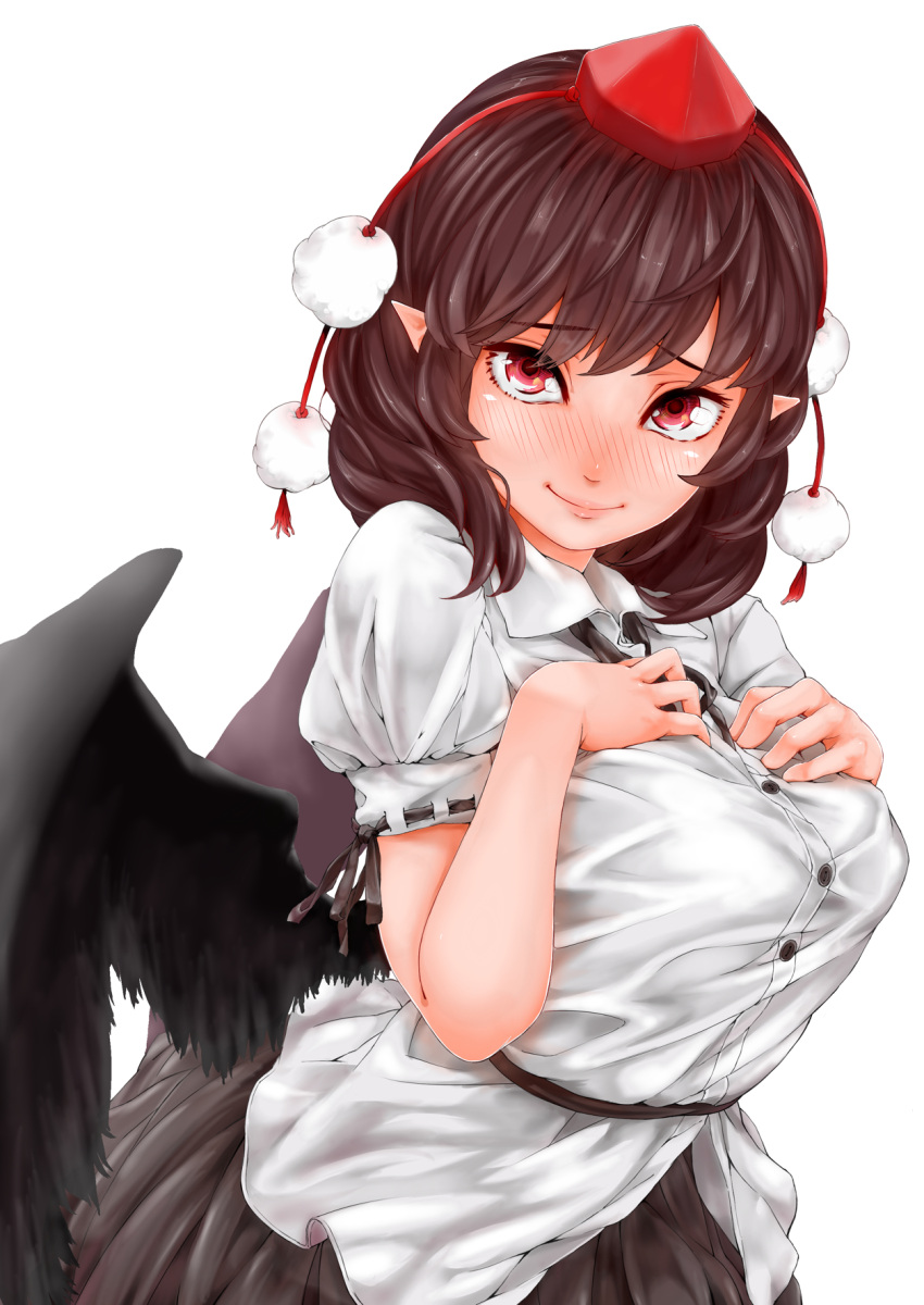 1girl bangs black_ribbon black_skirt black_wings blush breasts brown_hair buttons danji_aq eyebrows_visible_through_hair hat highres large_breasts looking_at_viewer pointy_ears pom_pom_(clothes) puffy_short_sleeves puffy_sleeves red_eyes ribbon ribbon-trimmed_sleeves ribbon_trim shameimaru_aya shirt short_sleeves skirt smile solo tokin_hat touhou upper_body white_shirt wings