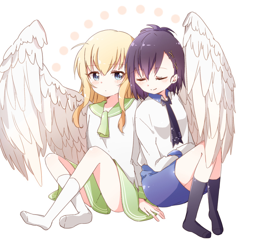 2girls ahoge angel_wings animal_band arm_support bafarin black_legwear blonde_hair blue_eyes blush commentary_request feathered_wings gabriel_dropout green_skirt highres multiple_girls necktie no_shoes purple_hair sailor_collar side-by-side skirt sleeping sleeping_on_person smile tenma_gabriel_white tsukinose_vignette_april white_legwear white_wings wings yuri