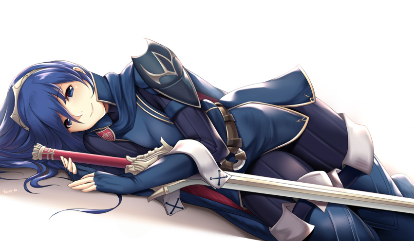 1girl armor artist_name belt blue_boots blue_cape blue_eyes blue_gloves blue_hair blush boots cape closed_mouth commentary dutch_angle elbow_gloves emblem falchion_(fire_emblem) fingerless_gloves fire_emblem fire_emblem:_kakusei gloves hair_between_eyes long_hair looking_at_viewer lucina lying on_side pantyhose pauldrons purple_legwear shoulder_pads simple_background solo striped striped_legwear symbol-shaped_pupils tareme thigh-highs thigh_boots tiara tony_guisado unsheathed vertical-striped_legwear vertical_stripes white_background