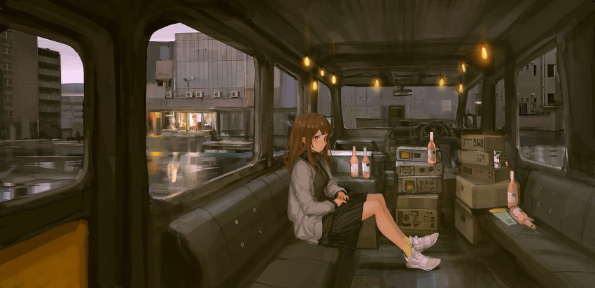1girl air_conditioner bangs beer_bottle black_skirt bottle brown_eyes brown_hair bus car_interior cardigan couch day from_side green_legwear ground_vehicle highres legs_together light_bulb lm7_(op-center) long_hair motor_vehicle on_couch open_cardigan open_clothes original parted_lips pleated_skirt radio receiver right-hand_drive shoes sitting skirt sneakers socks solo