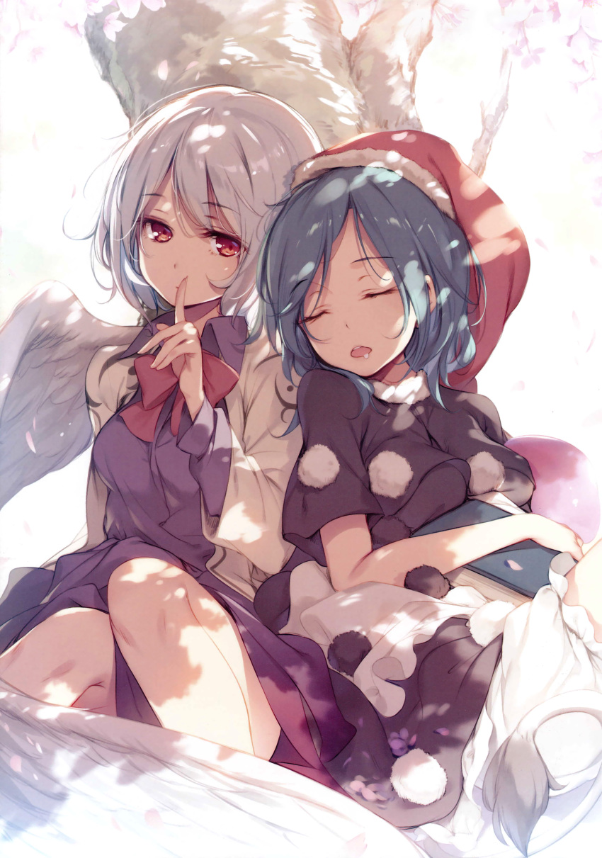 2girls absurdres bangs black_dress bloomers blue_hair book bow bowtie breasts closed_eyes closed_mouth collared_dress dappled_sunlight doremy_sweet dress drooling eyebrows_visible_through_hair feathered_wings finger_to_mouth hat highres index_finger_raised jacket ke-ta kishin_sagume knees_up long_hair long_sleeves looking_at_viewer medium_breasts multiple_girls open_clothes open_jacket open_mouth pom_pom_(clothes) purple_dress red_bow red_bowtie red_eyes red_hat round_teeth saliva scan short_hair short_sleeves shushing silver_hair single_wing sitting sleeping sleeping_upright sunlight tail teeth touhou translated underwear white_wing wing_collar wings