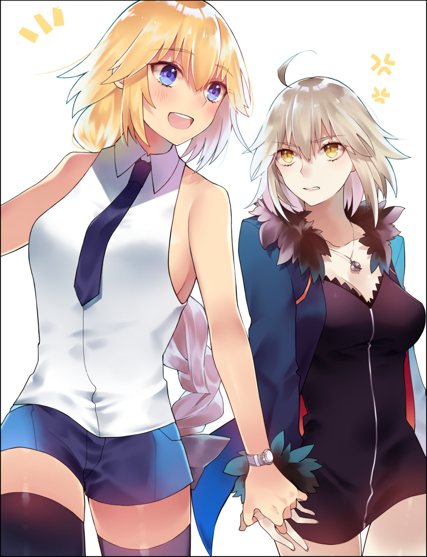 /\/\/\ 2girls :d ahoge anger_vein angry bare_shoulders black_border black_dress blue_eyes blue_jacket blue_necktie blue_shorts blush border braid breasts casual cleavage clenched_teeth collared_shirt contemporary cowboy_shot dress fate/apocrypha fate/grand_order fate_(series) feather-trimmed_sleeves feather_trim highres ichinosenen jacket jeanne_alter jewelry long_hair long_sleeves multicolored_hair multiple_girls necklace necktie open_clothes open_jacket open_mouth parted_lips pendant pink_hair platinum_blonde purple_legwear round_teeth ruler_(fate/apocrypha) shiny shiny_skin shirt short_dress short_shorts shorts sideboob simple_background single_braid sleeveless sleeveless_shirt smile tareme teeth thigh-highs thigh_gap tsurime two-tone_hair very_long_hair watch white_background white_shirt wing_collar yellow_eyes