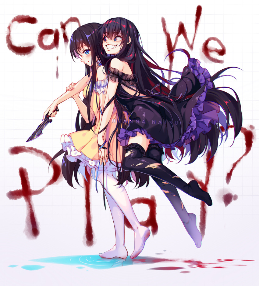 2girls artist_name bangs black_legwear blood blood_writing bloody_clothes blue_eyes blush borrowed_character closed_mouth dagger dress english eyebrows_visible_through_hair frilled_dress frills full_body glint grin hand_holding highres holding holding_weapon hyanna-natsu interlocked_fingers multiple_girls nail_polish no_shoes open_mouth original pantyhose profile puddle red_nails smile teeth thigh-highs torn_clothes torn_thighhighs walking water weapon white_legwear