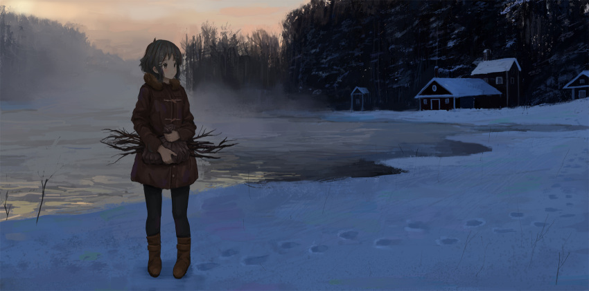 1girl ame_sagari blush boots brown_eyes coat commentary footprints forest highres holding house looking_to_the_side nature original pantyhose sack scenery short_hair sidelocks snow solo tree_branch water winter winter_clothes winter_coat