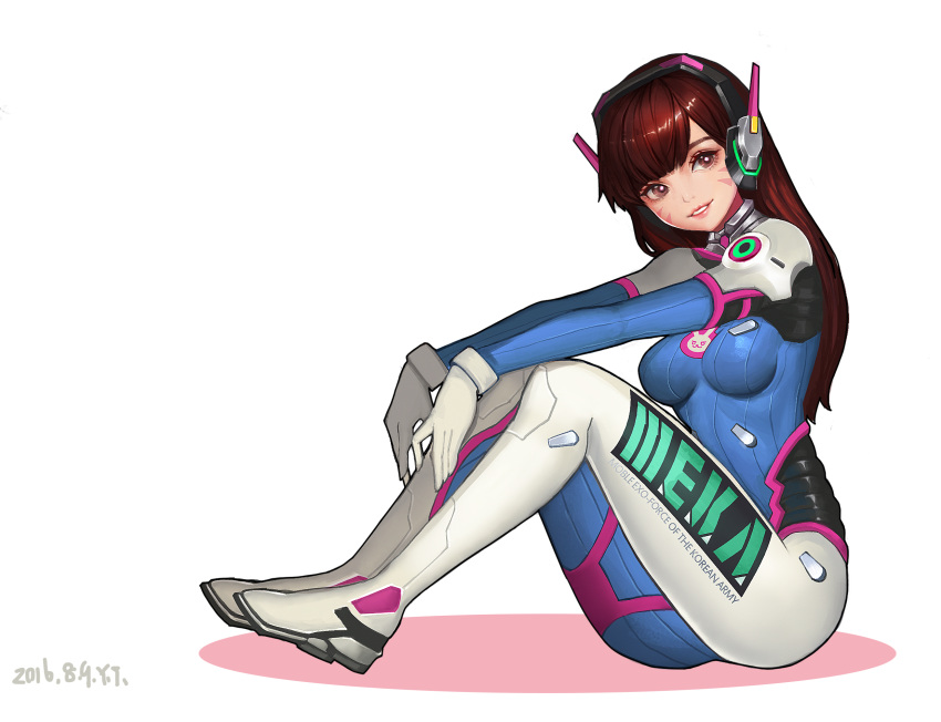 1girl 2016 acronym animal_print bangs blue_bodysuit blunt_bangs bodysuit boots bracer breasts breasts_apart brown_eyes brown_hair bunny_print clothes_writing d.va_(overwatch) dated eyelashes facepaint facial_mark fujoshi_kusako full_body gloves hands_on_own_knees headphones highres knees_up long_hair looking_away medium_breasts overwatch parted_lips pauldrons pilot_suit pink_lips ribbed_bodysuit shoulder_pads simple_background sitting skin_tight smile solo teeth thigh-highs thigh_boots thigh_strap turtleneck whisker_markings white_background white_boots white_gloves
